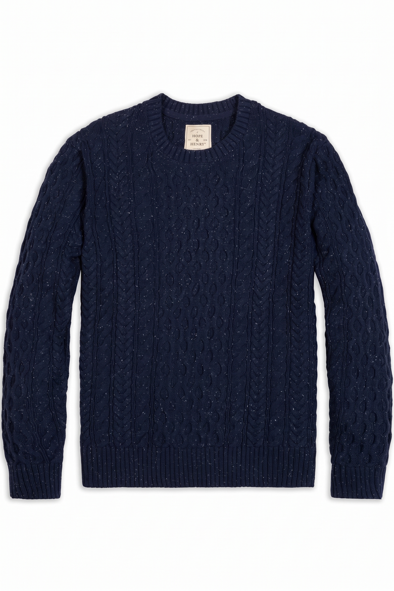 Men's Organic Fisherman Cable Knit Sweater, Alternate, color, Navy Fleck