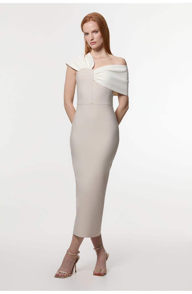 Karen Millen Asymmetric Strap Knit Midi Dress, Main, color, Neutral
