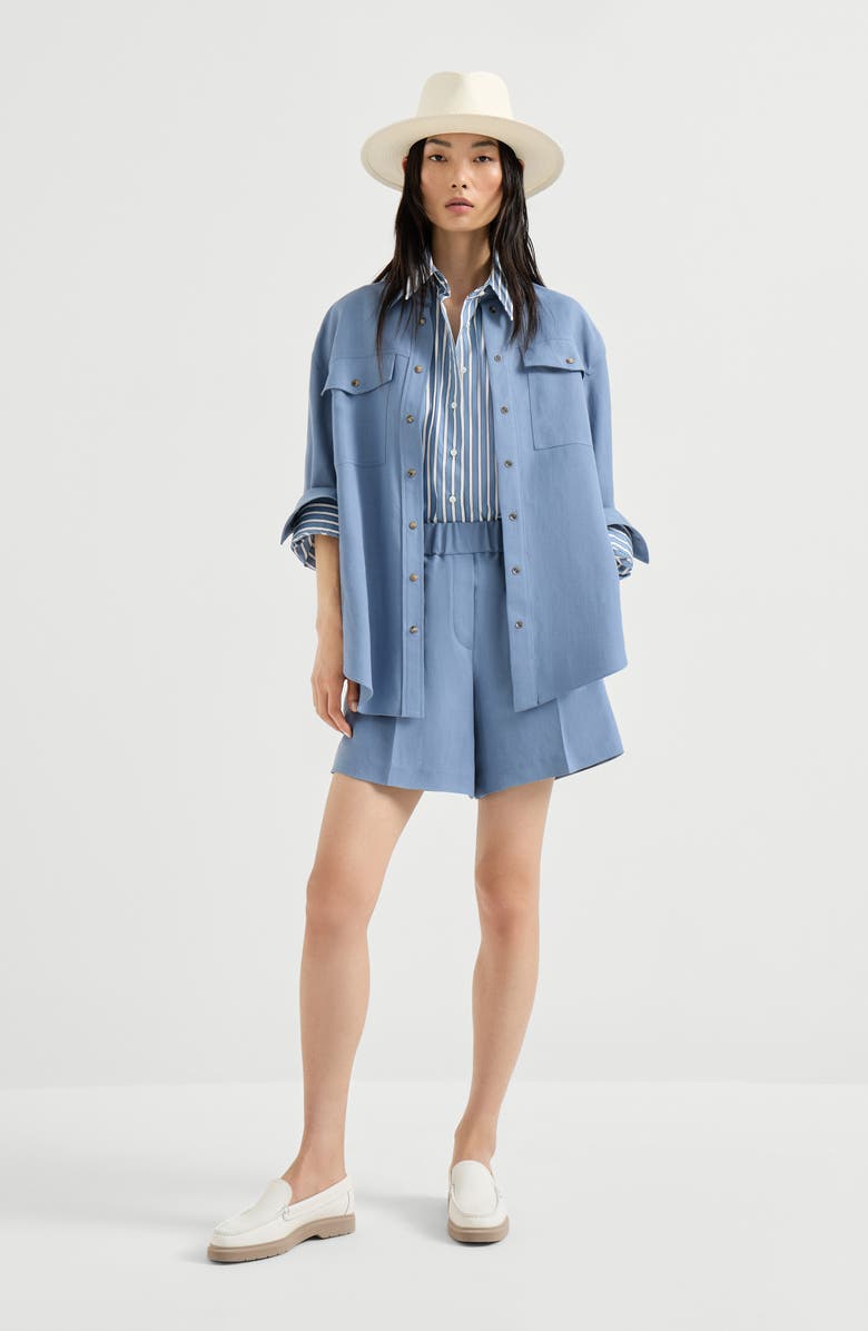 Brunello Cucinelli Fluid twill baggy shorts, Alternate, color, Azure