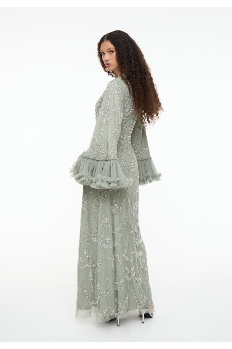 Modest Embellished Sequin Beaded Dress Maxi With Designer Sleeve, Alternate, color, SAGE GREEN