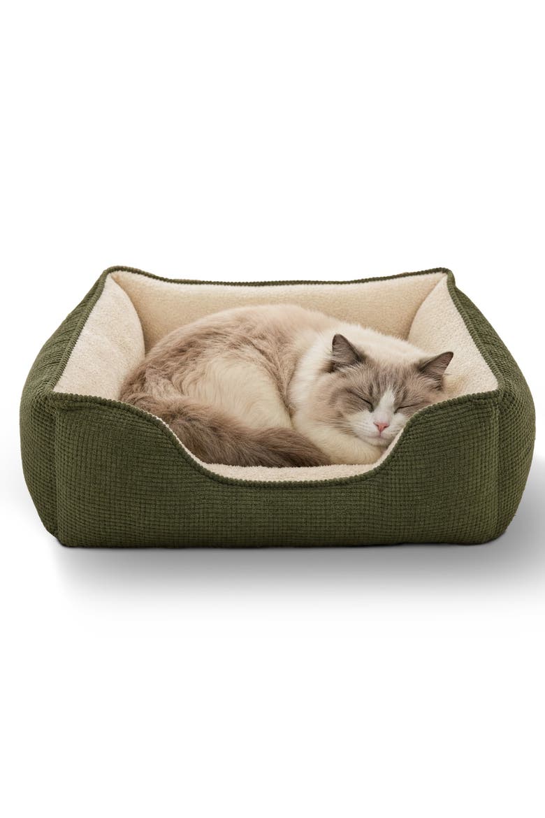 Essential Niblet Velvet Square Cuddler Pet Bed, Main, color, Olive Green