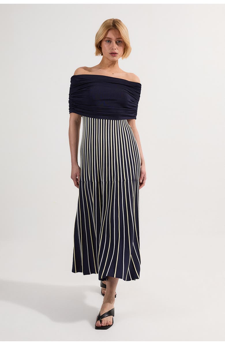 Karen Millen Striped Bardot Knitted Maxi Dress, Main, color, Blue