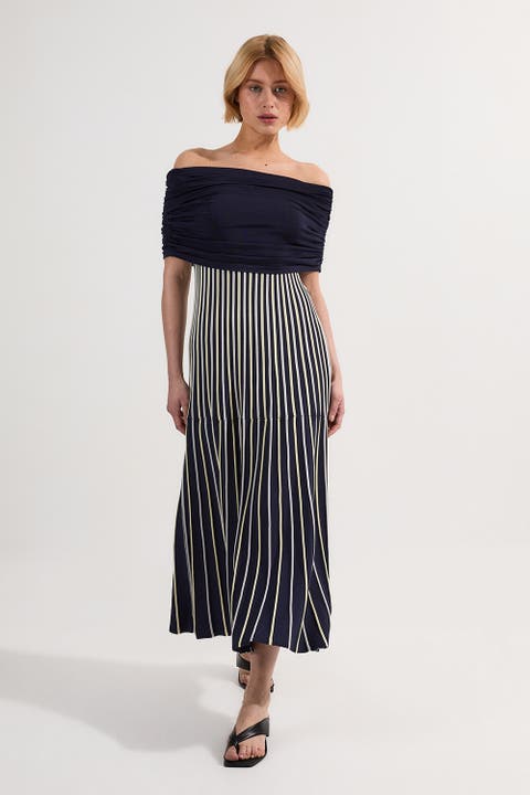 Striped Bardot Knitted Maxi Dress