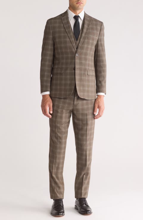 Slim Fit Stretch Windowpane Three-Piece Suit (Regular & Big)