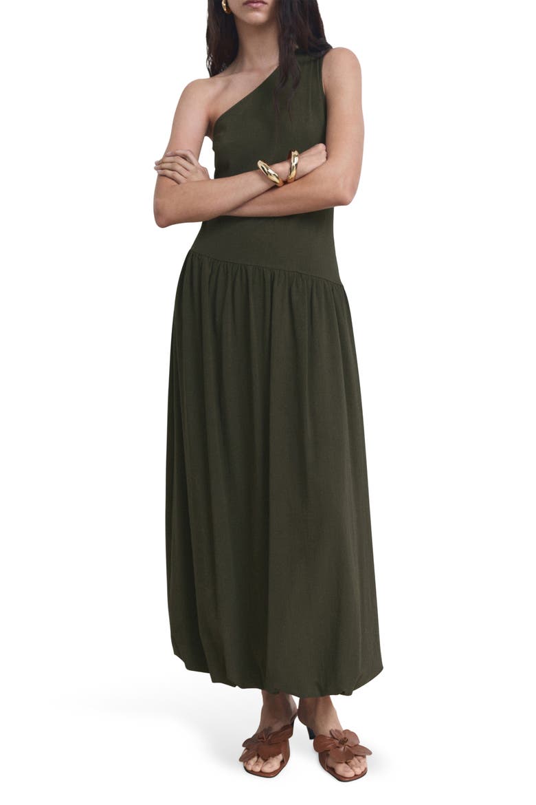 One-Shoulder Bubble Hem Midi Dress, Main, color, KHAKI GREEN