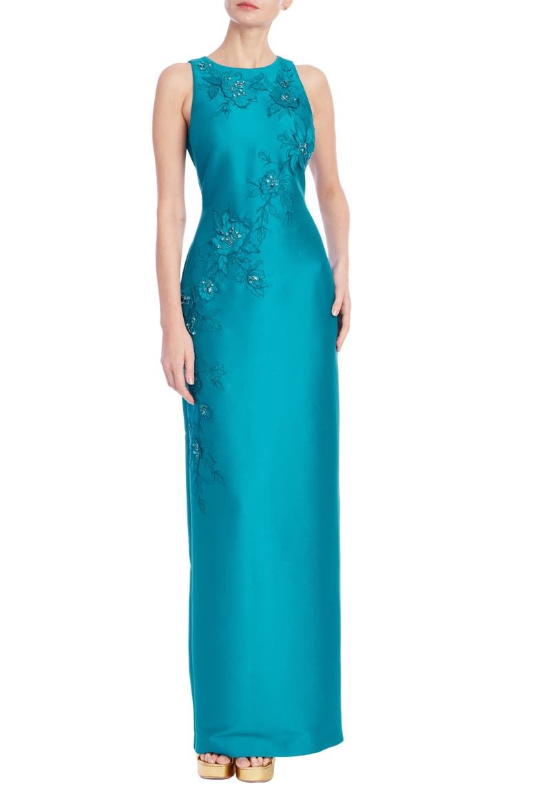 Beaded Floral Appliqué Mikado Sheath Gown, Main, color, TEAL