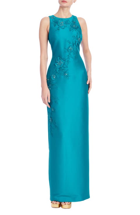 Beaded Floral Appliqué Mikado Sheath Gown