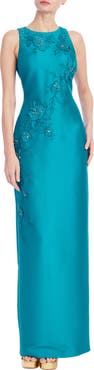 Badgley Mischka Collection Beaded Floral Appliqué Mikado Sheath Gown