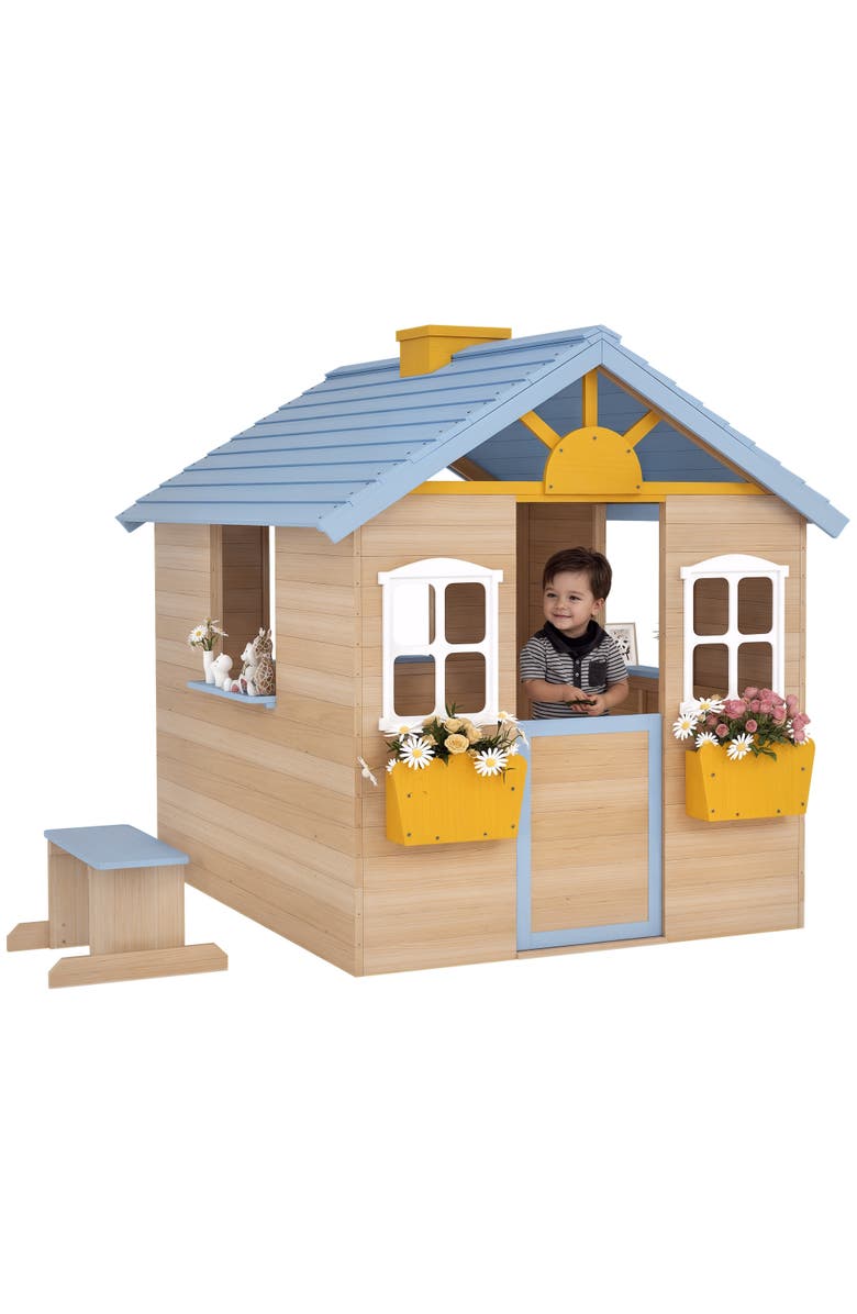 Outsunny Wooden Playhouse with Working Door, Windows, Bench, Service Station, Flower Pot Holder, Main, color, 