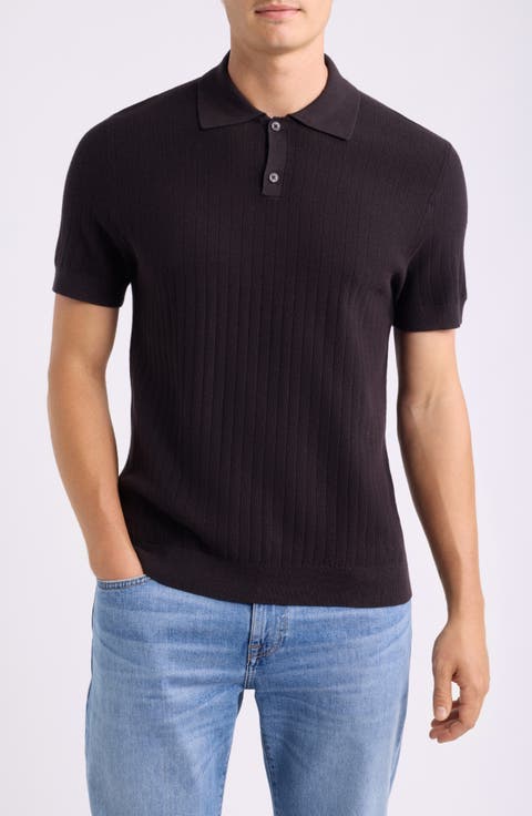 Short Sleeve Ribbed Cotton & Cashmere Polo Sweater