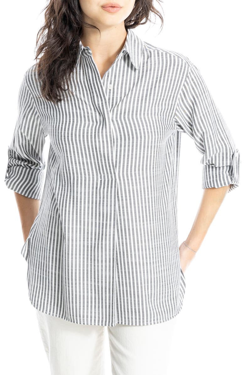 MAX STUDIO Stripe Oversize Long Sleeve Button-Up Tunic, Main, color, Black Framed Stripe