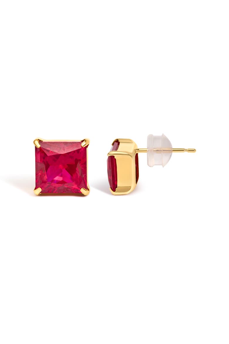 18K Yellow Gold 7x7 MM Created Red Ruby Princess Cut Solitaire Stud Earrings, Alternate, color, Yellow Gold