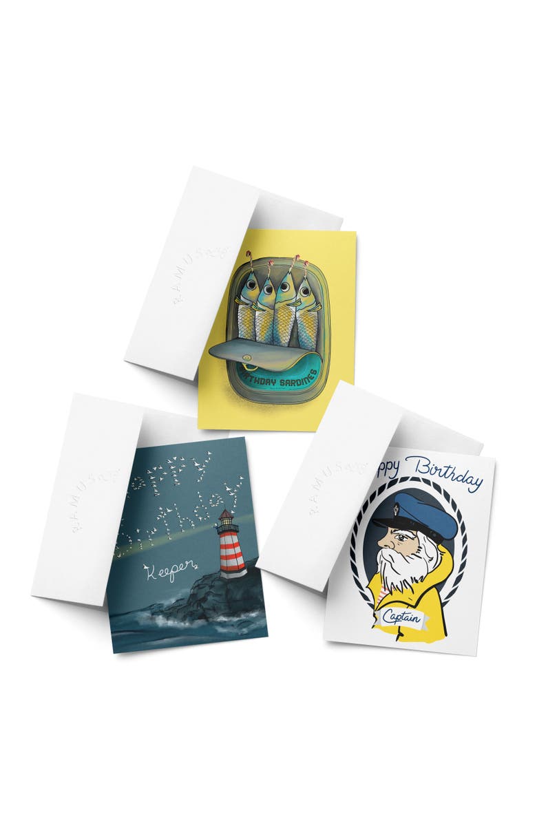 Ramus & Co Birthday Assorted Greeting Card Pack (3ct) "Captain, Lighthouse, Sardines", Main, color, Multi-Pack