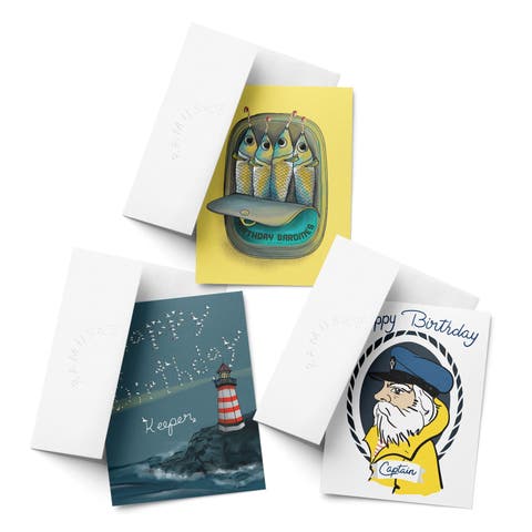 Birthday Assorted Greeting Card Pack (3ct) "Captain, Lighthouse, Sardines"