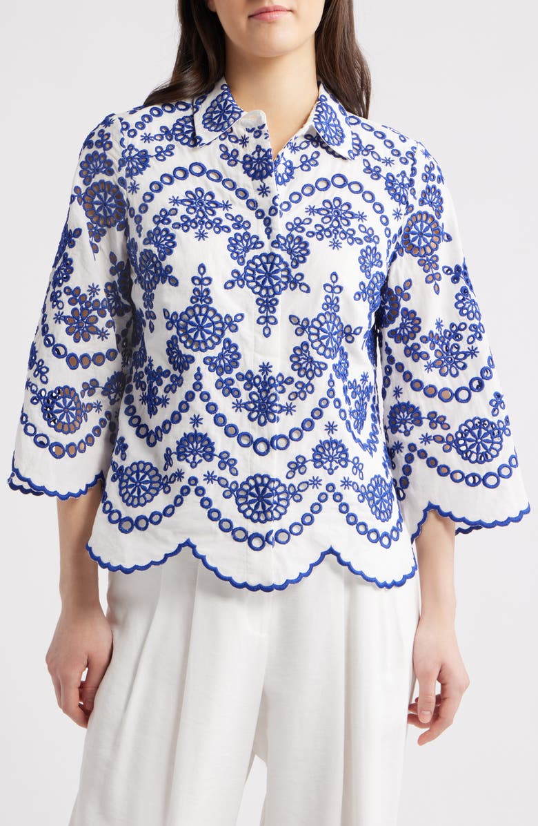 Anne Klein Embroidered Scallop Hem Shirt, Main, color, 