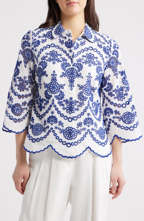 Embroidered Scallop Hem Shirt (Regular & Petite)