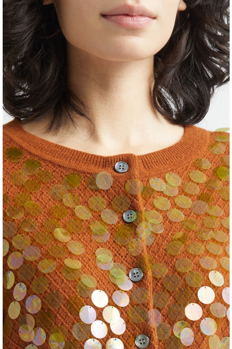 Mina Pointelle Knit Paillette Merino Wool & Cashmere Cardigan, Alternate, color, TOBACCO
