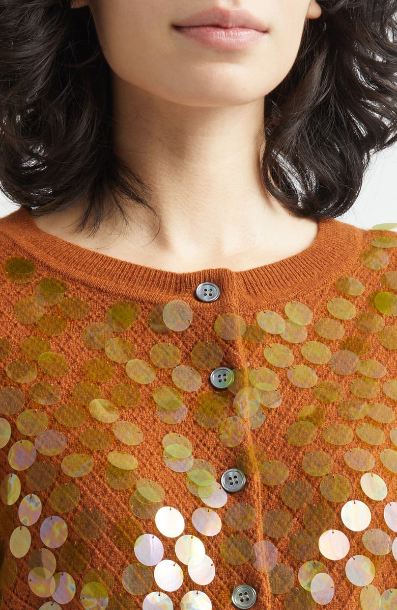 ZANKOV Mina Pointelle Knit Paillette Merino Wool & Cashmere Cardigan, Alternate, color, Tobacco