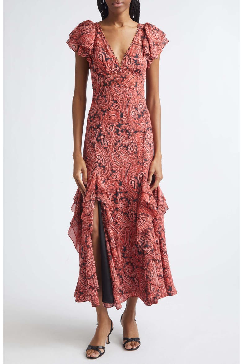 Joplin Hendrix Paisley Ruffle Detail Dress, Main, color, OBSIDIAN/ JASPER PINK