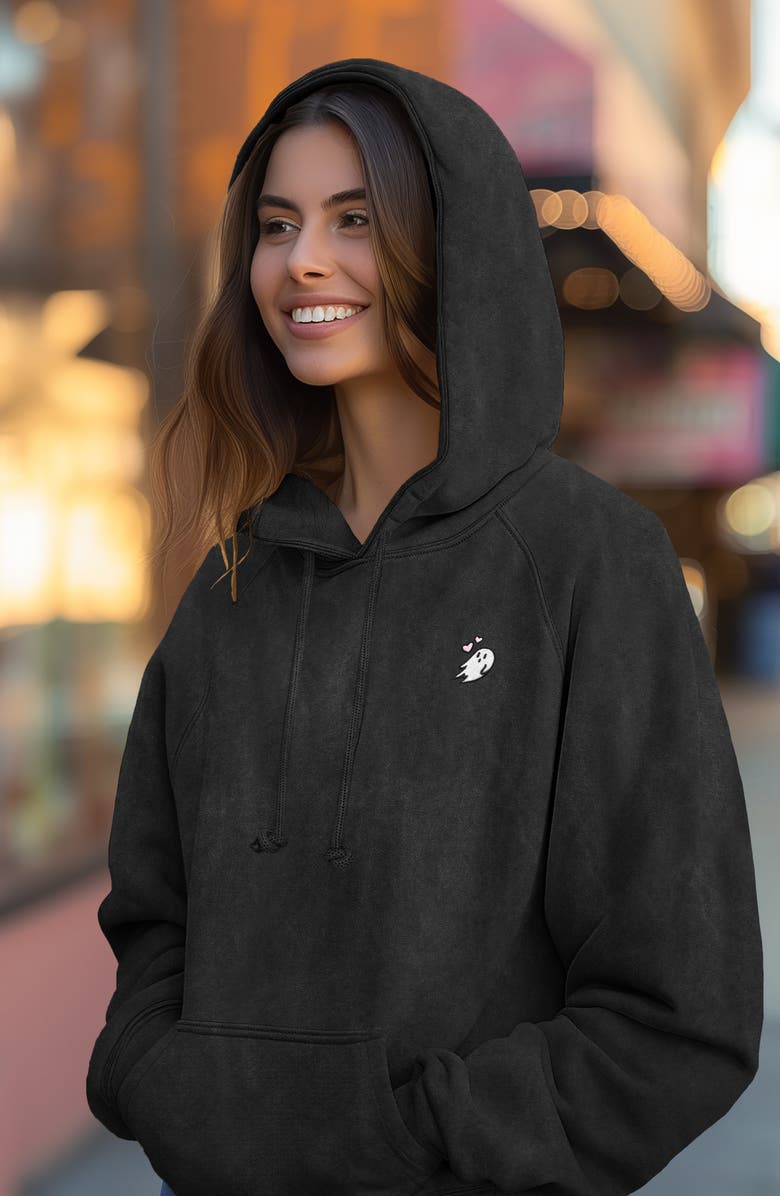 Dalix Womens Heartly Ghost Mineral Washed Hoodie, Alternate, color, Black