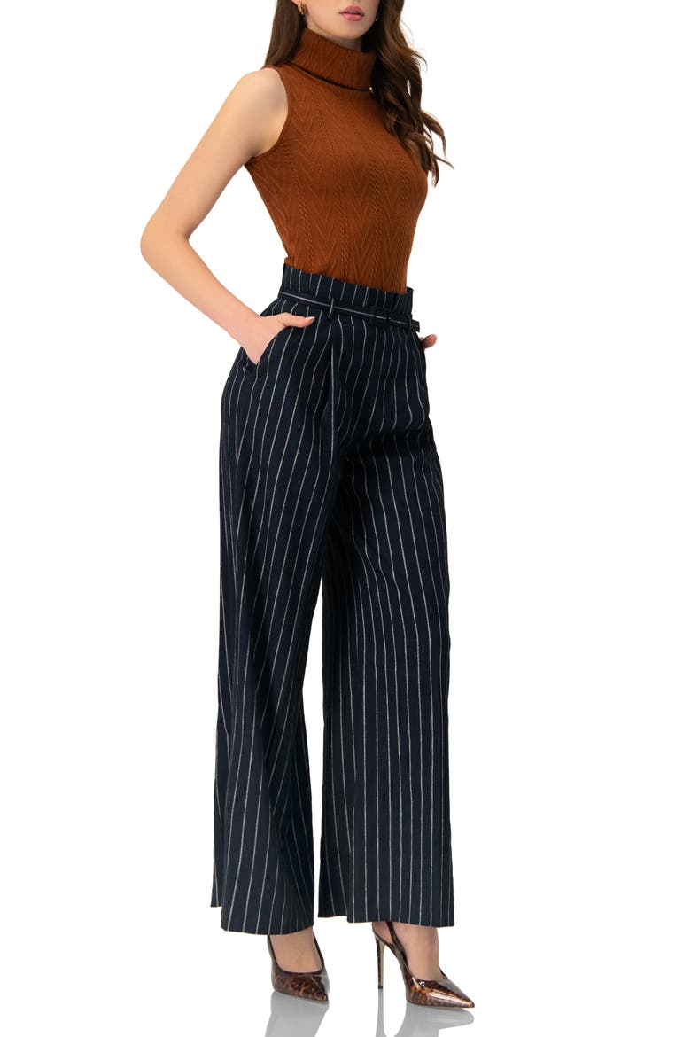 Striped Wide-Leg Trousers with Belt, Alternate, color, Navy Blue