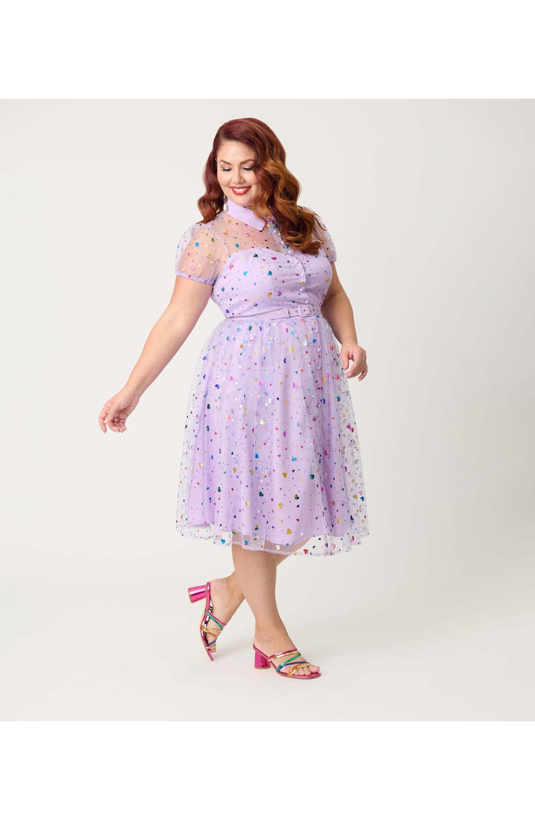Unique Vintage Plus Size 1950s Short Sleeve Collared Hollie Swing Dress, Alternate, color, Purple Heart Confetti