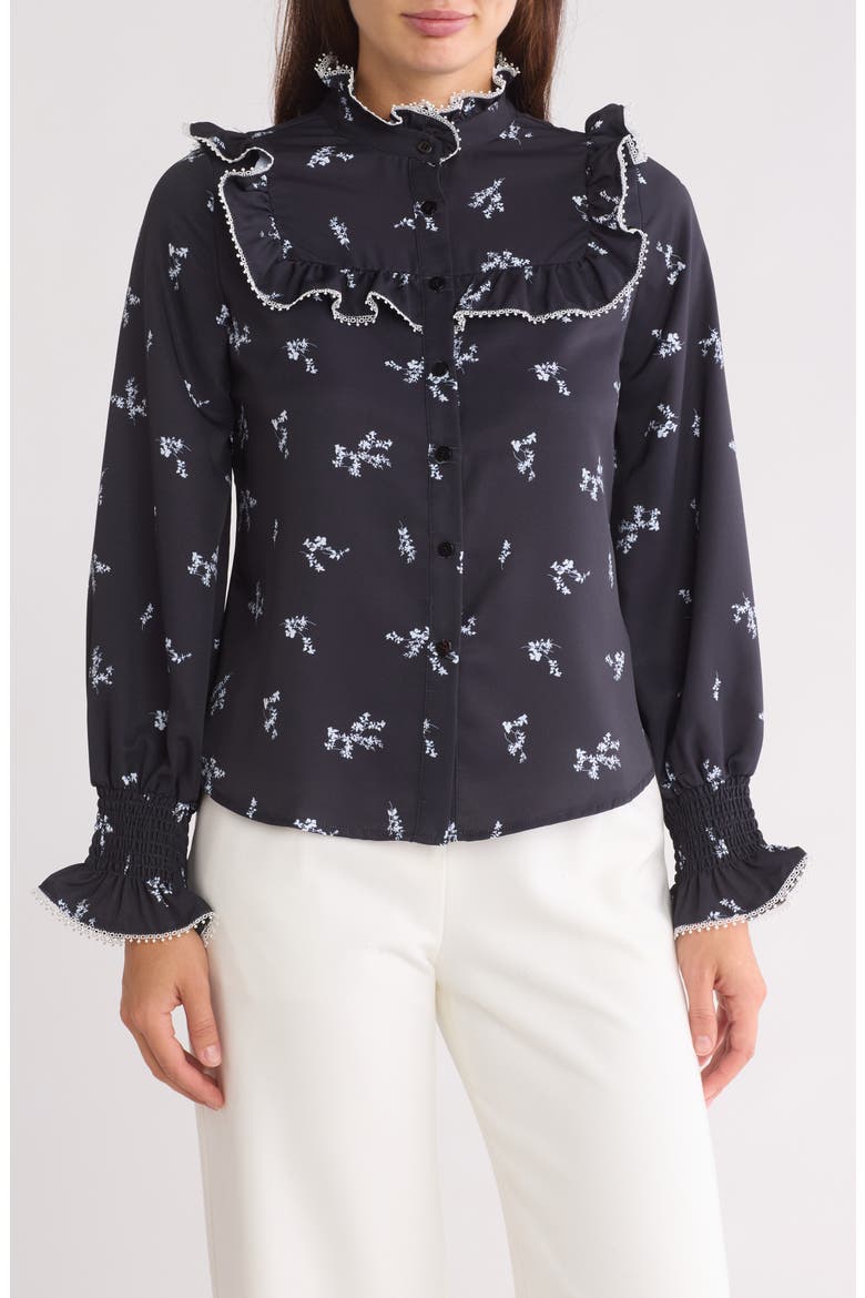 Amelia Floral Ruffled Yoke Button-Up Shirt, Main, color, MOON GARDEN