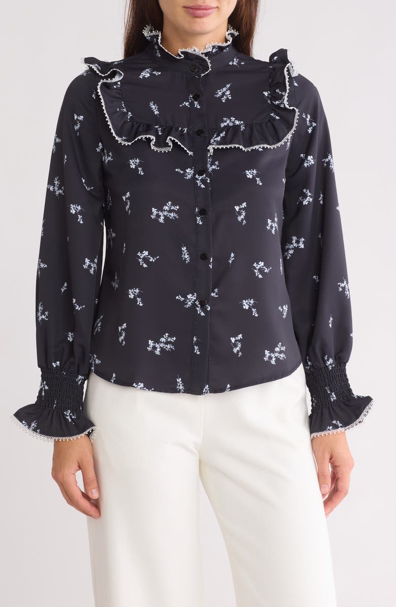 BY DESIGN Amelia Floral Ruffled Yoke Button-Up Shirt, Main, color, Moon Garden