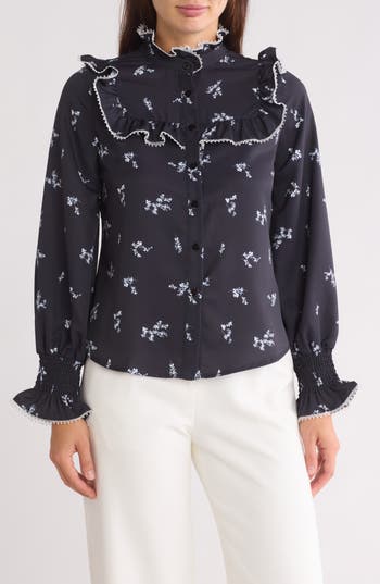 By Design Amelia Floral Ruffled Yoke Button-up Shirt In Moon Garden