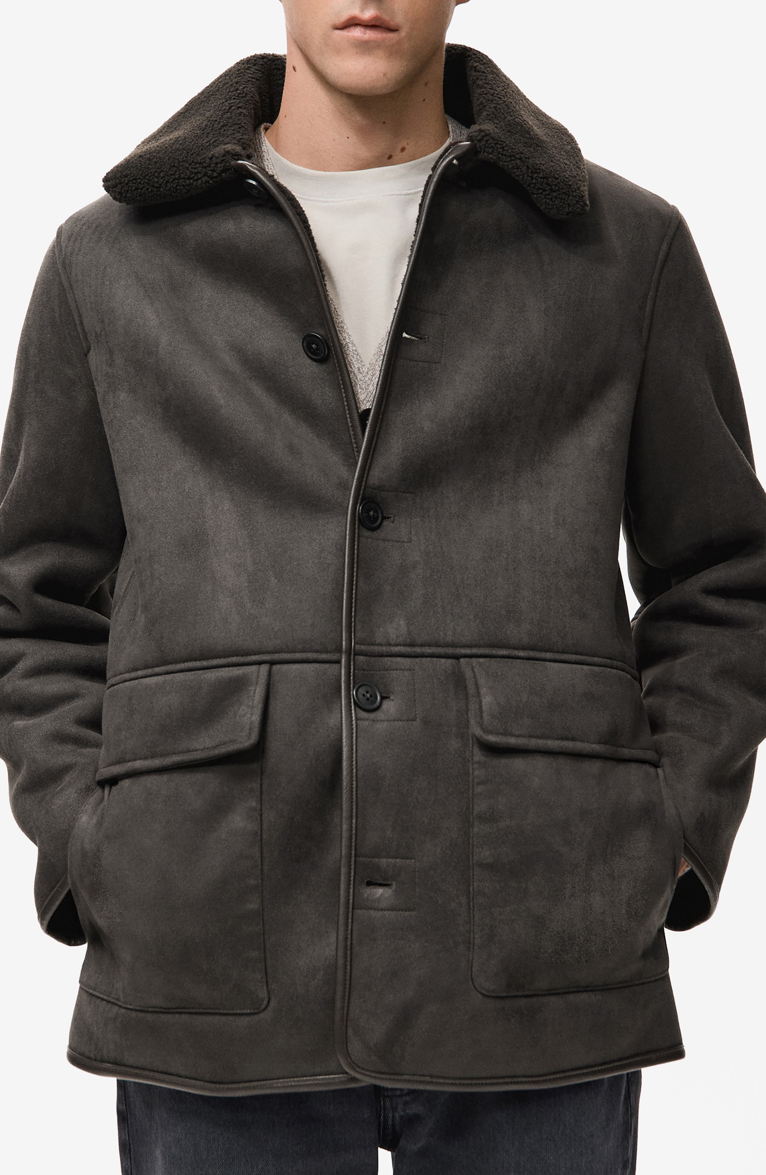 Faux Suede & Faux Shearling Collar Jacket