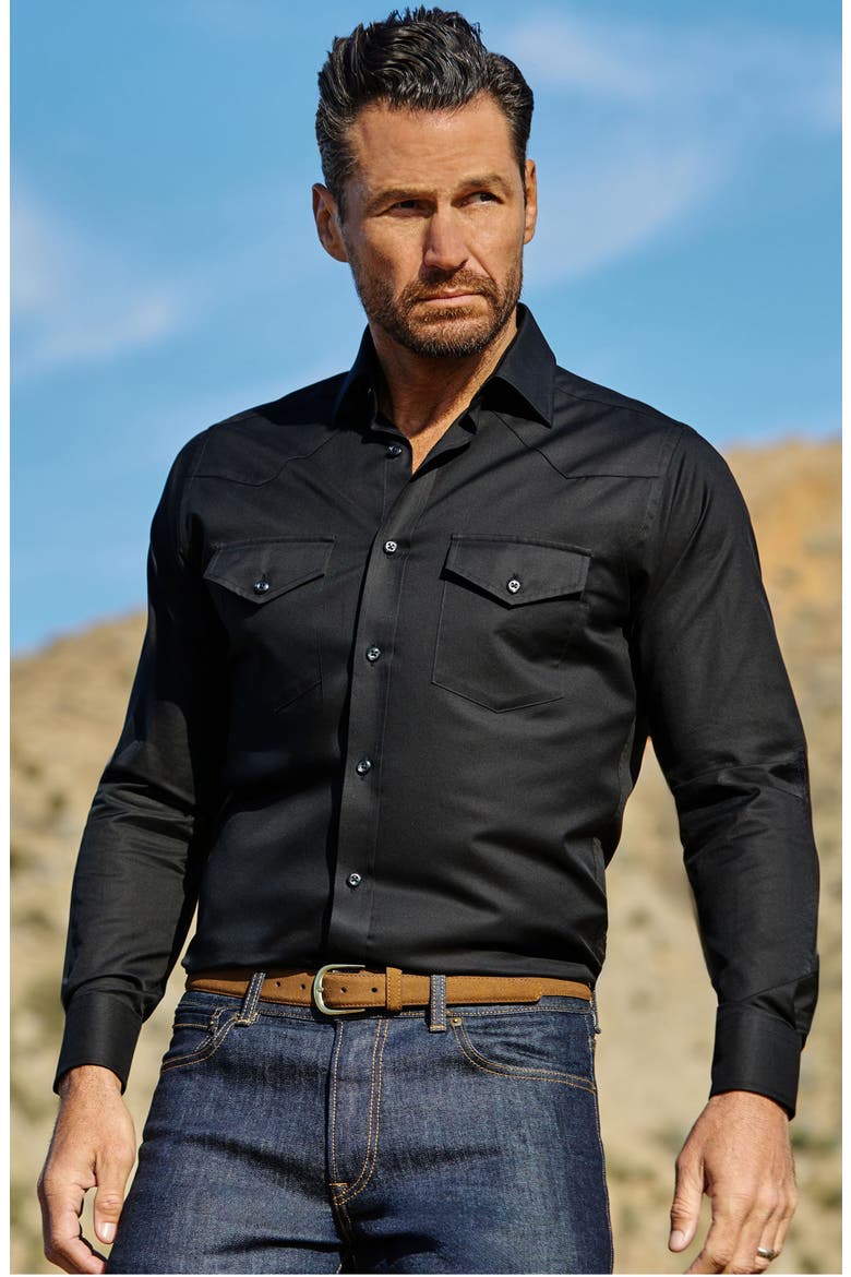 Trim Fit Black Cotton Twill Button-Up Western Shirt, Main, color, BLACK