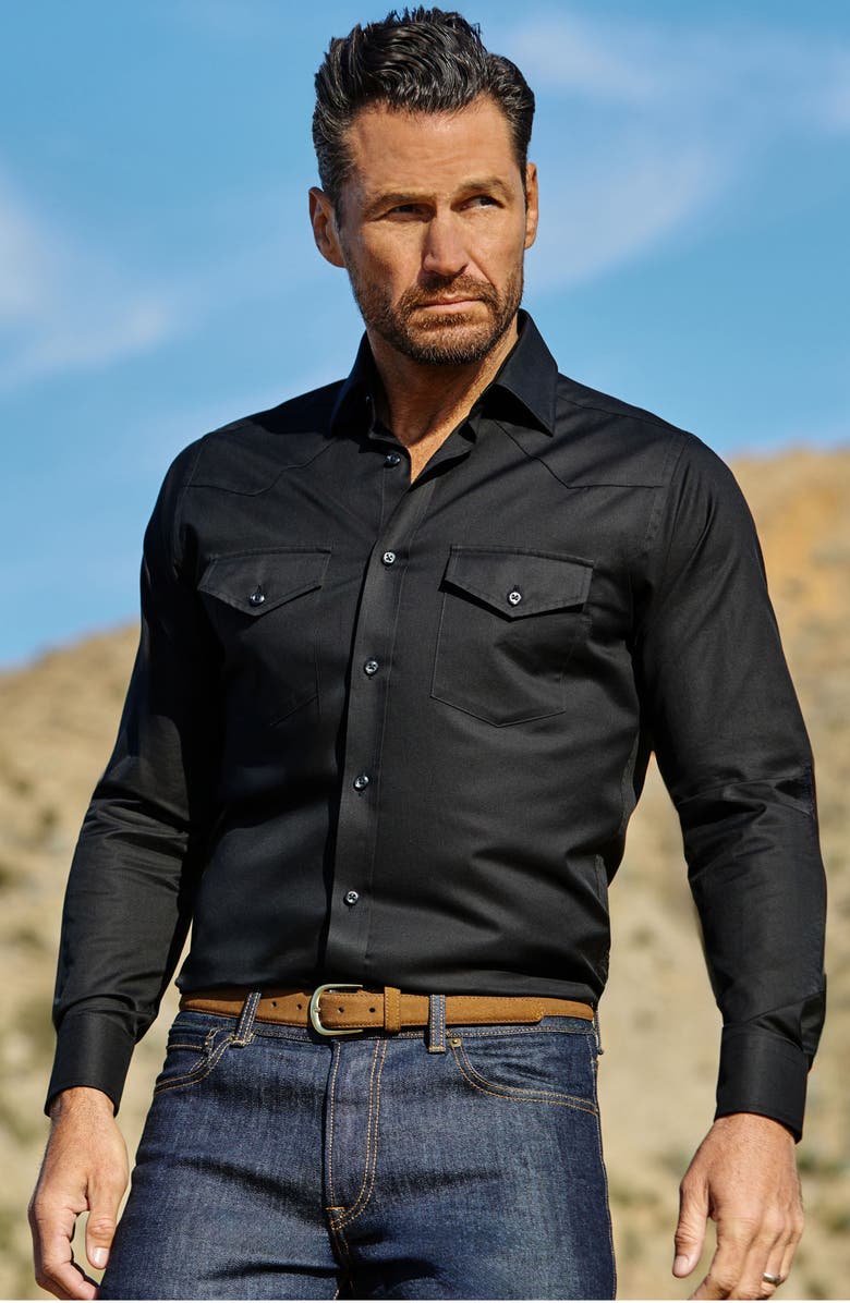 David Donahue Trim Fit Black Cotton Twill Button-Up Western Shirt, Main, color, Black