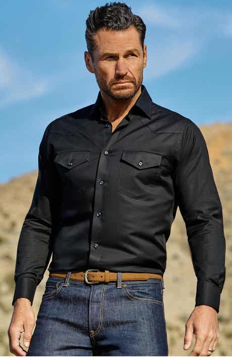Trim Fit Black Cotton Twill Button-Up Western Shirt