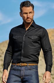 David Donahue Trim Fit Black Cotton Twill Button-Up Western Shirt