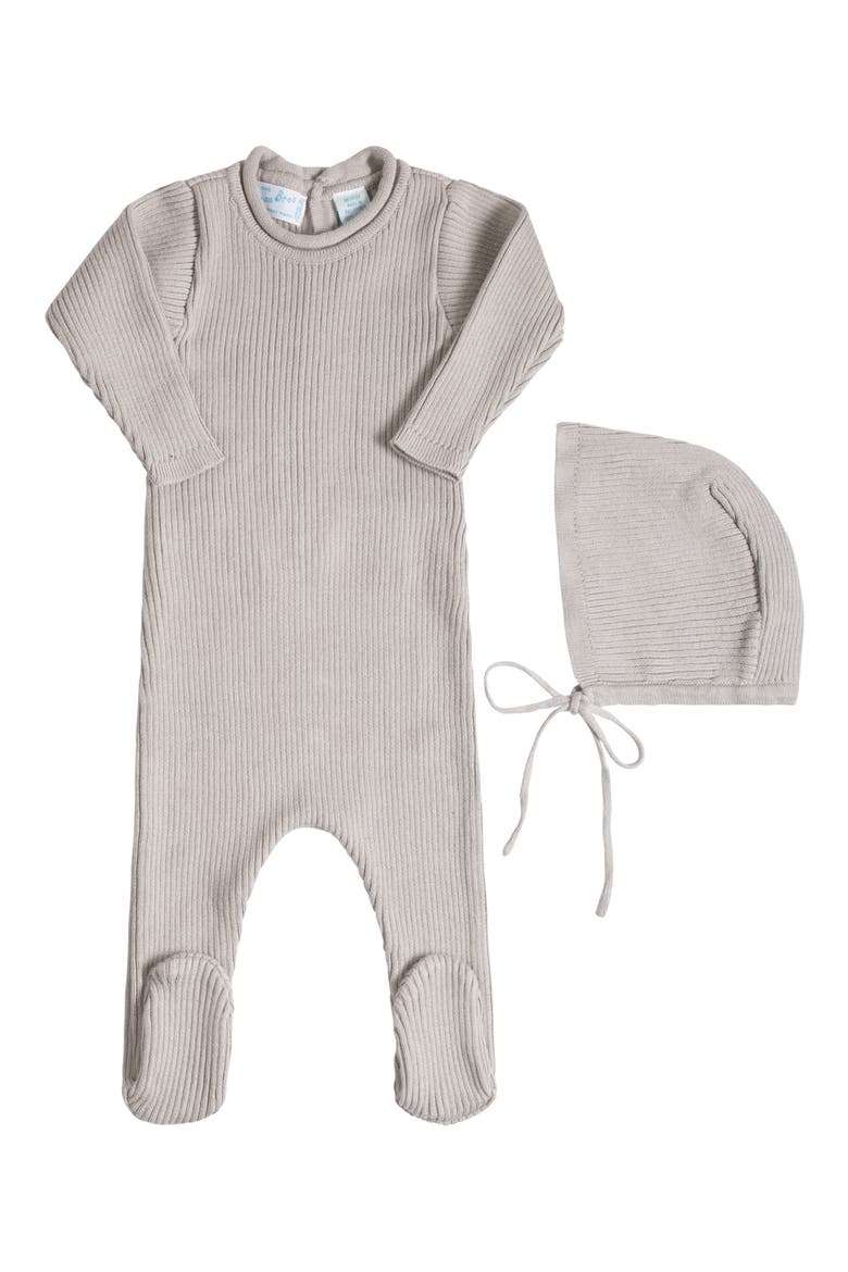Rolled Collar Rib Knit Footie & Bonnet Set, Main, color, SOFT GREY
