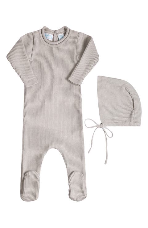 Rolled Collar Rib Knit Footie & Bonnet Set (Baby)
