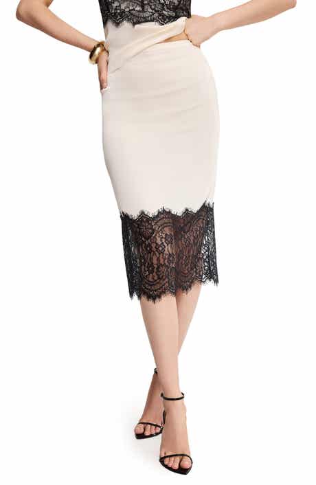 Good American Lace Trim Satin Midi Skirt