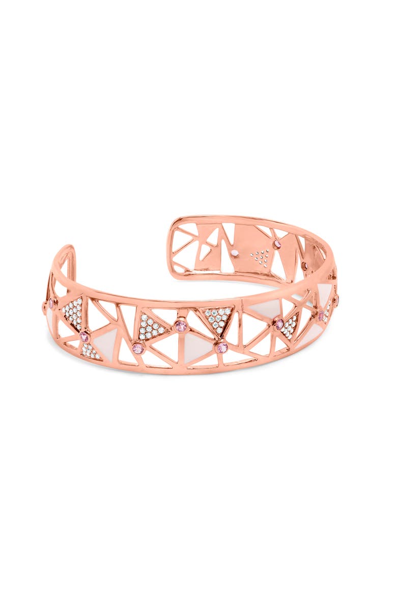 14K Rose Gold 5/8 Ctw Diamond Pink Tourmaline Open Cuff Bangle with White Enamel, Alternate, color, Pink