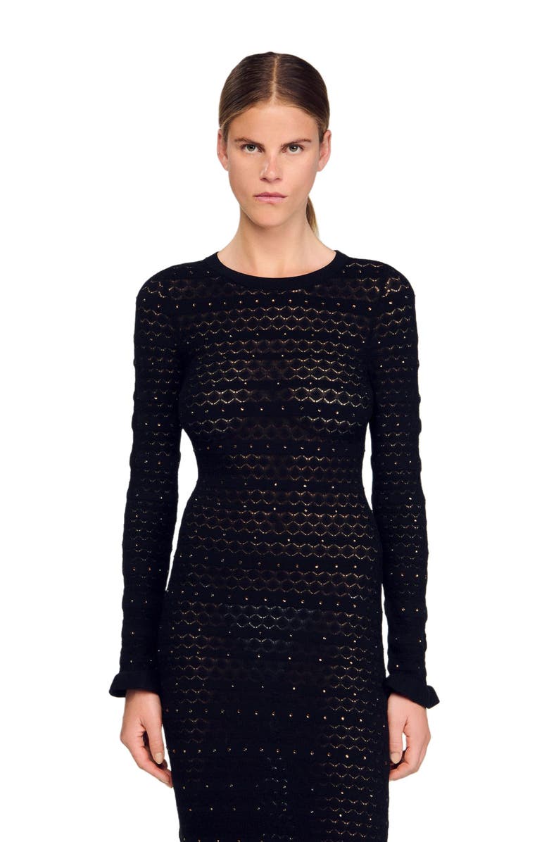 SANDRO Rhinestone knit maxi dress, Alternate, color, Black