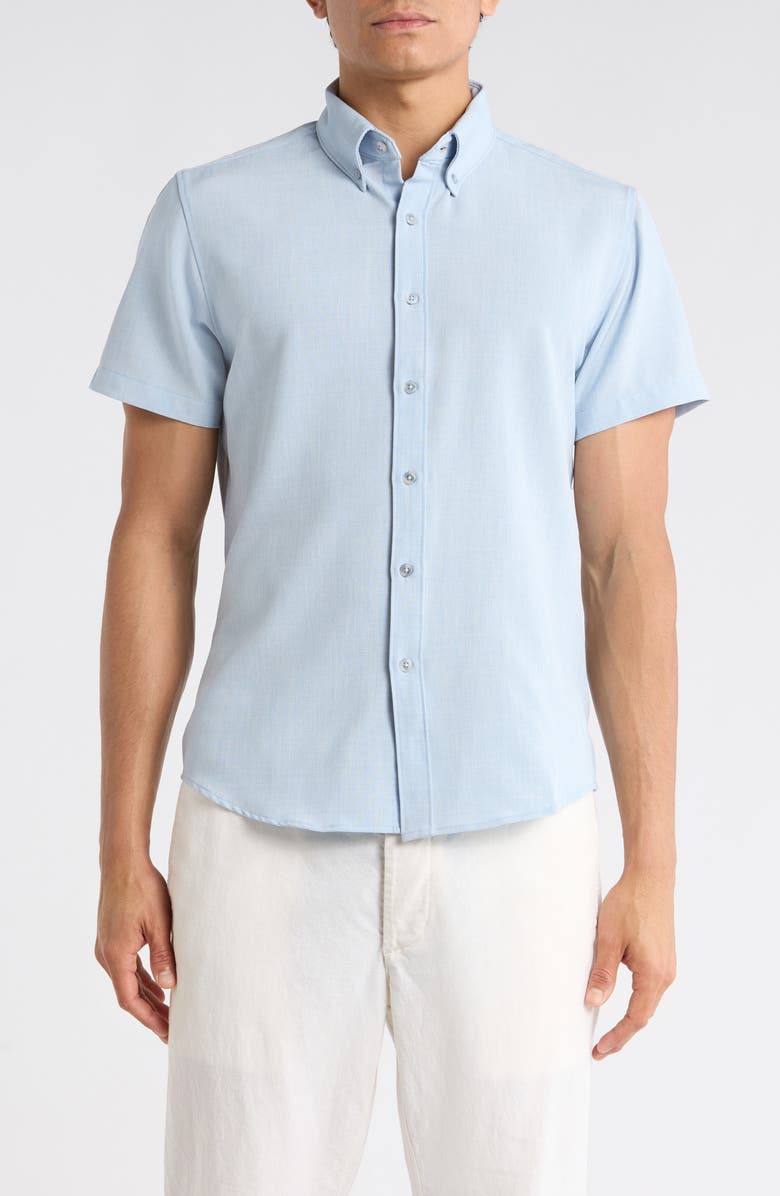 DENIM AND FLOWER Short Sleeve Button-Down Shirt, Main, color, Light Blue