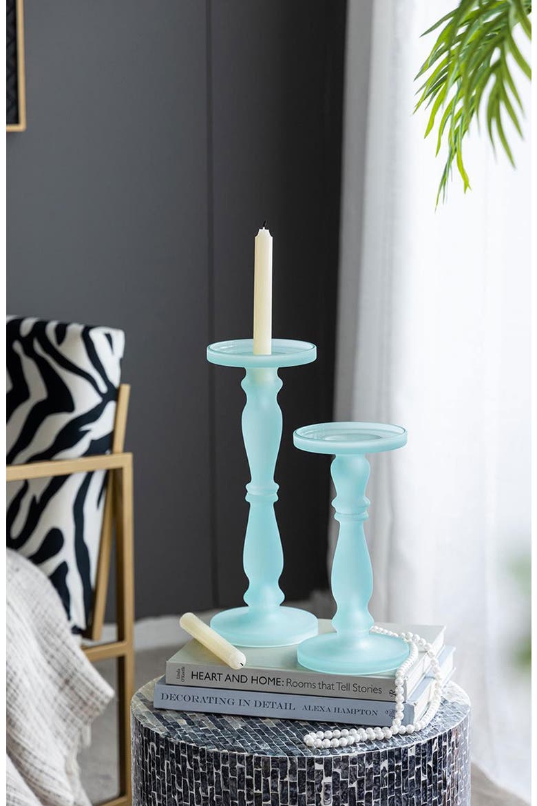 Set of Two Glass Pedestals, Alternate, color, FROST AQUA
