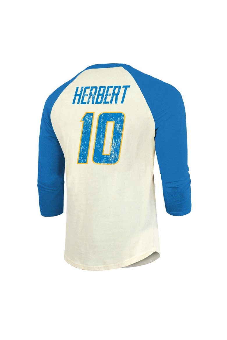 Men's Majestic Threads Justin Herbert Cream/Powder Blue Los Angeles Chargers Vintage Player Name & Number 3/4-Sleeve Fitted T-Shirt, Alternate, color, Cream