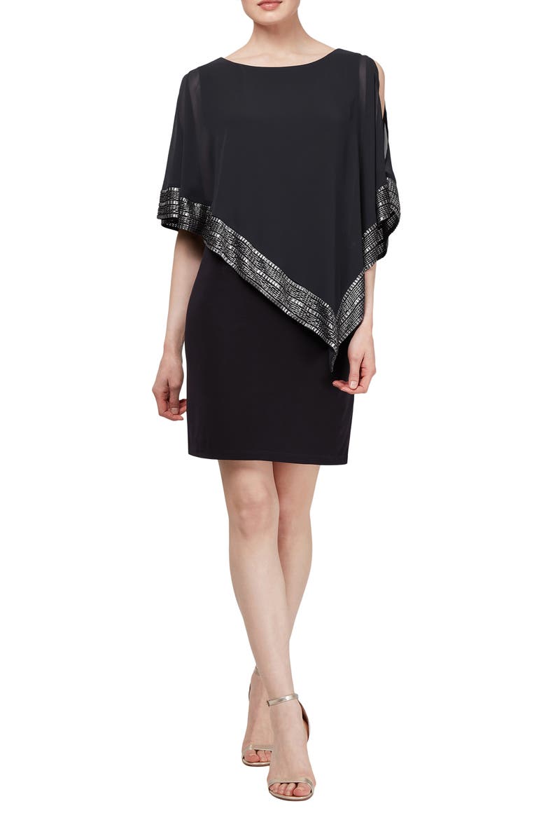 Foil Trim Asymmetrical Popover Capelet Sheath Dress, Main, color, BLACK SILVER