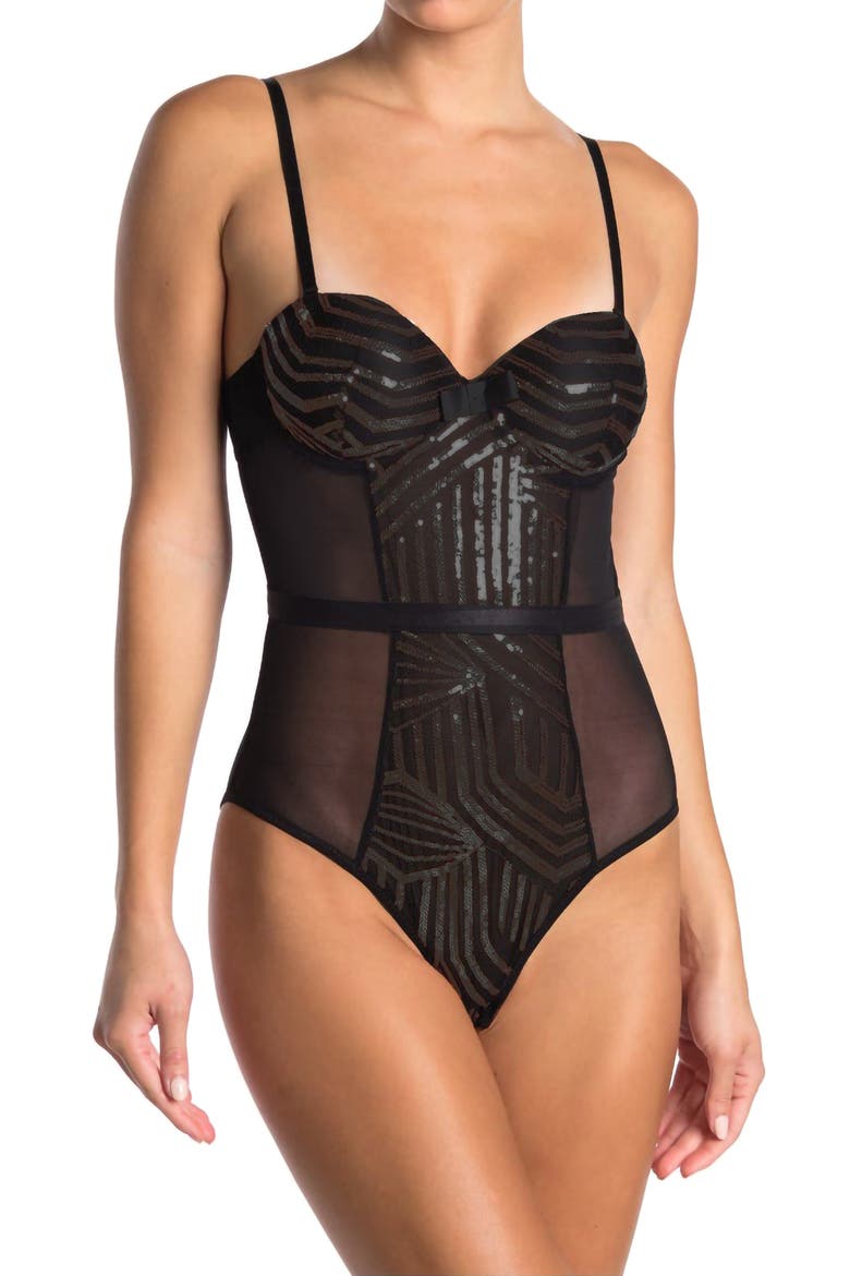 Sequin Panel Bodysuit, Main, color, BLACK