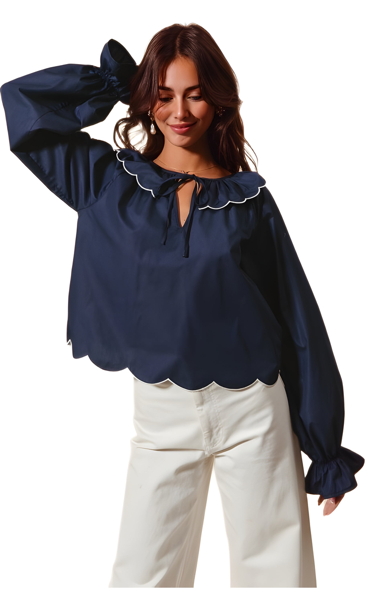 Knit and Lounge Scallop Trim Blouse with Ruffled Collar and Tie Neck, Alternate, color, 