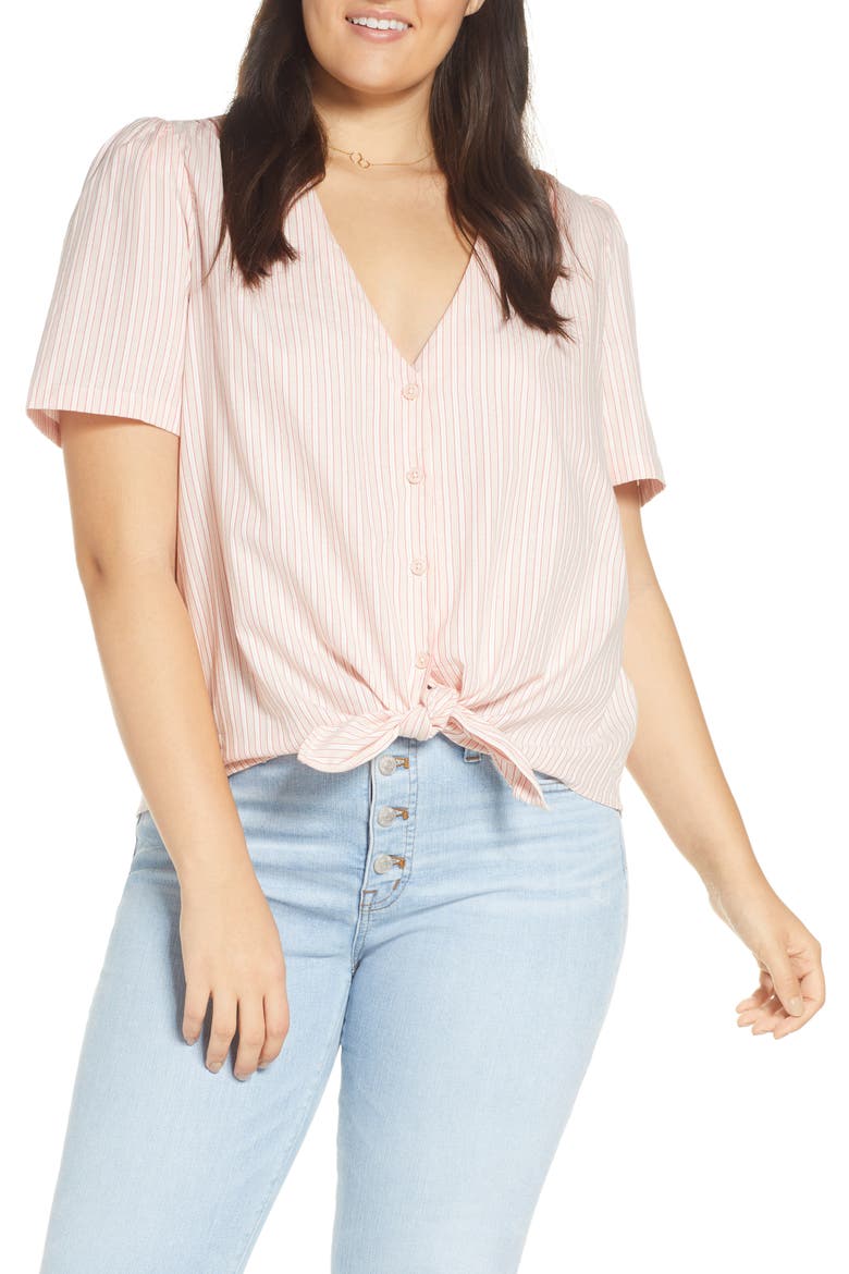 Tie Front Top, Alternate, color, IVORY- PINK SARA TWILL STRIPE