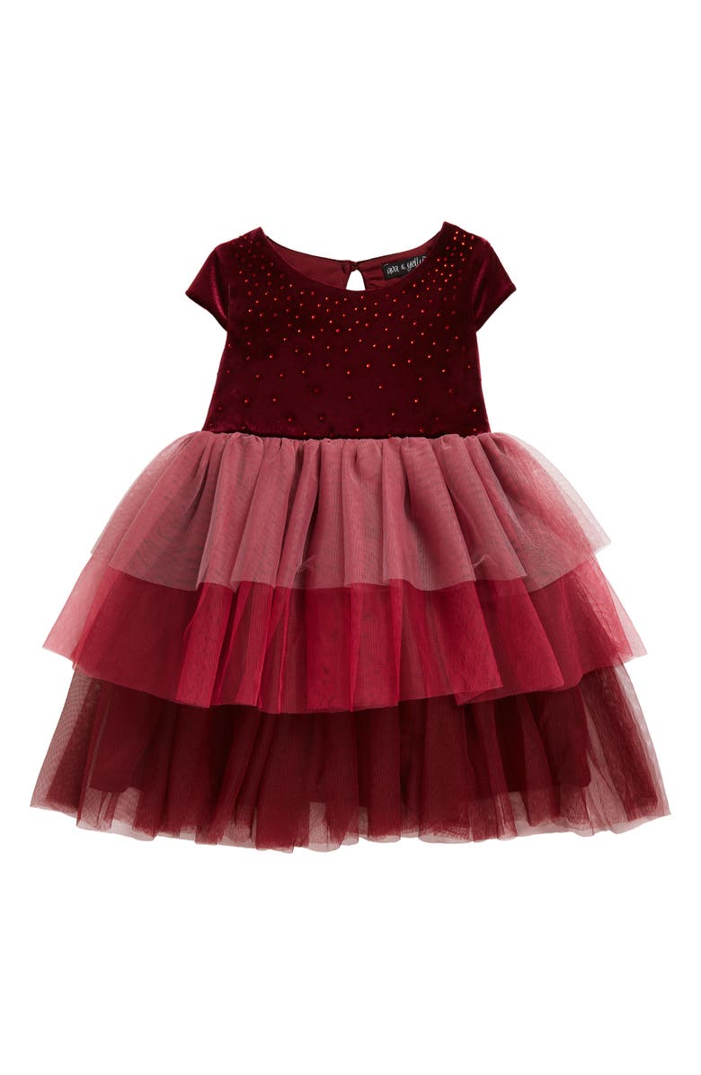 Ava & Yelly Kids' Crystal Embellished Tiered Tulle Dress, Main, color, Burgundy