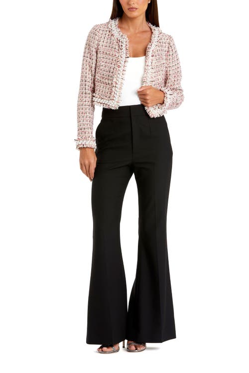Mac Duggal Pearl Trim Long Sleeve Cropped Jacket In Red