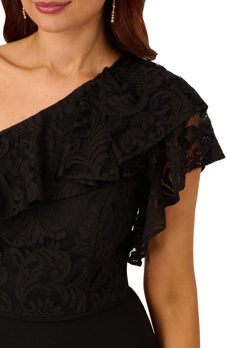 Adrianna Papell Lace Crepe Ruffle One-Shoulder Jumpsuit, Alternate, color,