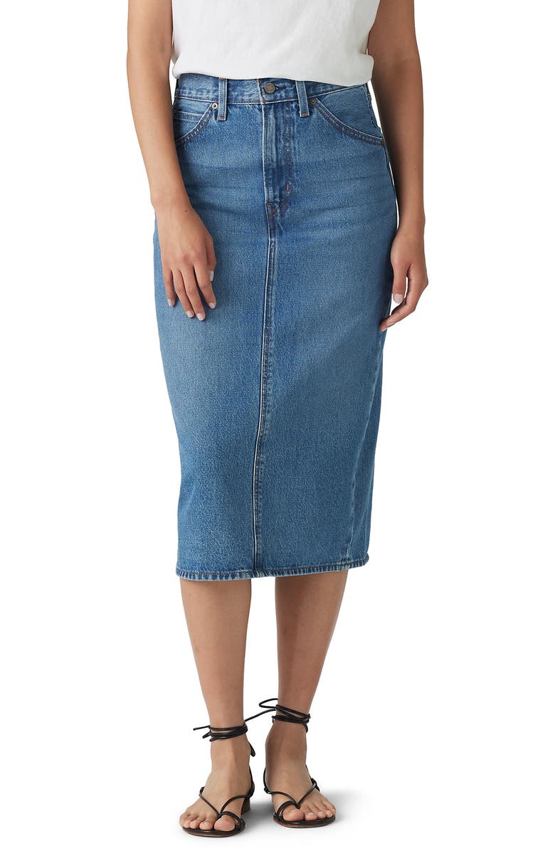 Levi's<sup>®</sup> High Waist Back Slit Denim Midi Skirt, Main, color, 